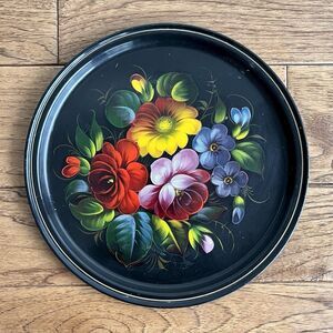 Vintage Russia USSR Enamel Hand Painted Floral Flower Serving Tray Tole 11.5”